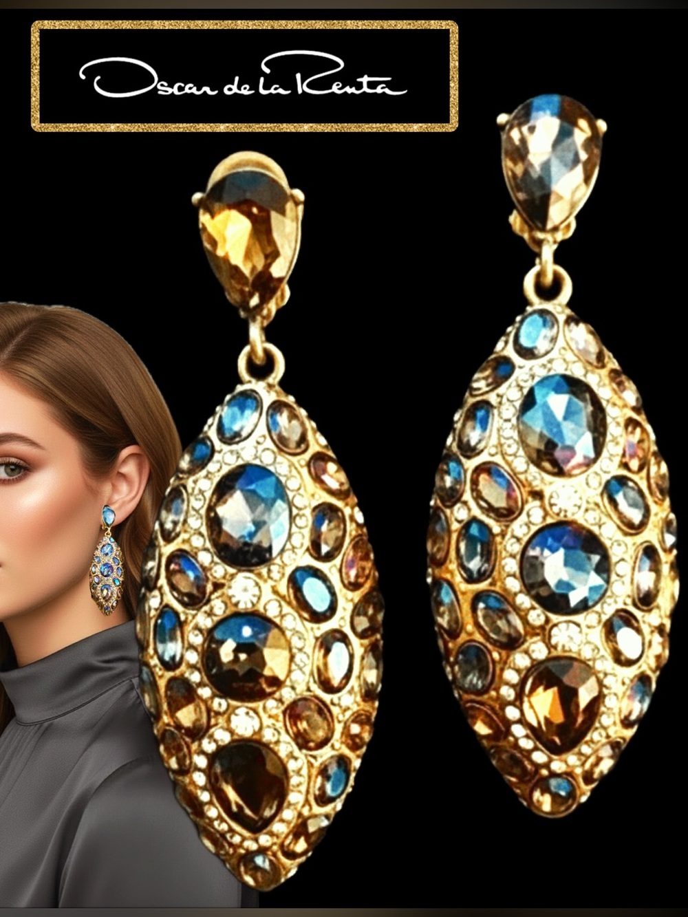 Oscar de la Renta Dramatic CRYSTAL EARRINGS VITRAL SWAROVSKI Iridescent ✨CLIP